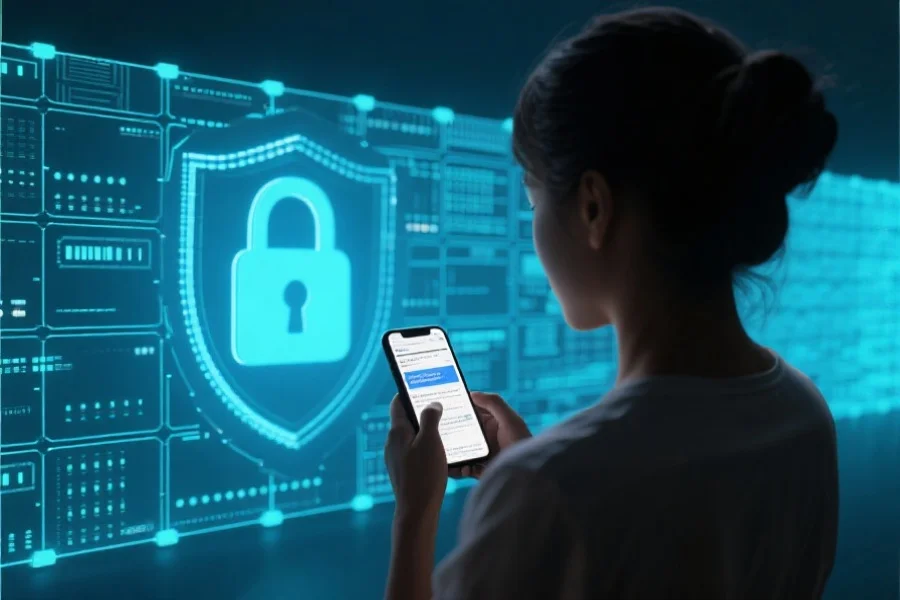 一位用户在手机上安心浏览，背景为虚拟数据墙和锁形象征隐私保护